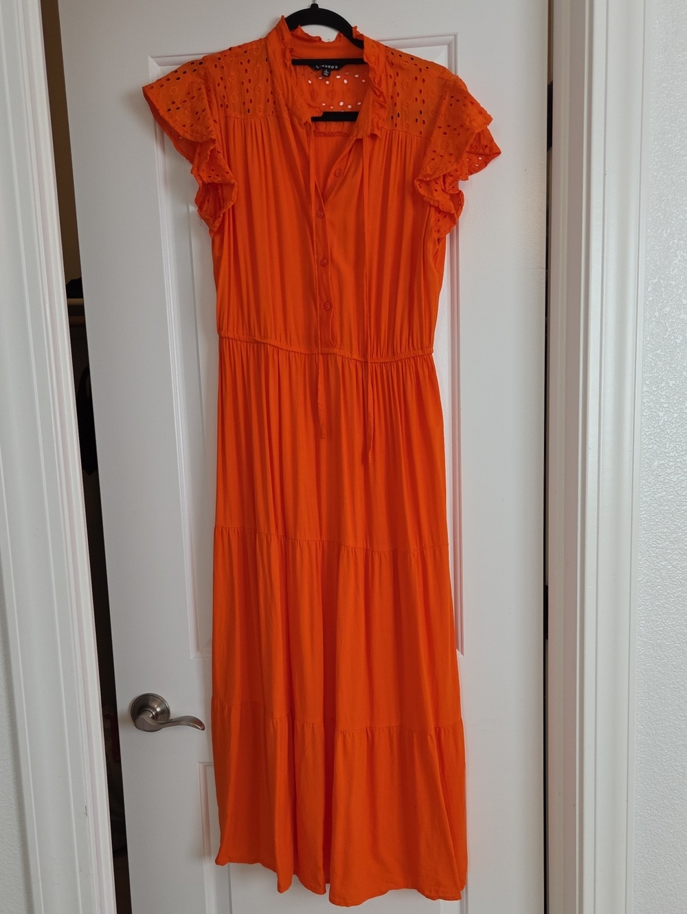 Women’s Bright Orange Eyelet Flutter-Sleeve Maxi Dress